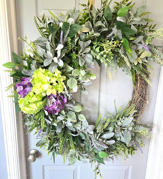 Lime Green and Purple Hydrangea Grapevine Wreath, this large and in charge wreath will make a statement on your door for all seasons.