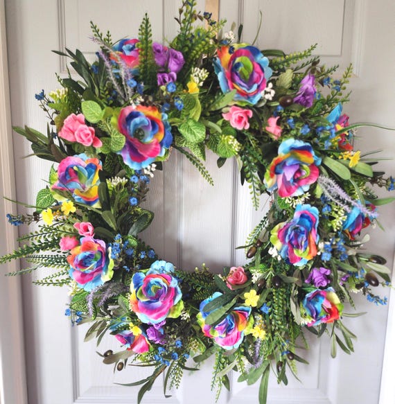 Kaleidoscope Rose Wreath with lush greenery and multi colored flowers