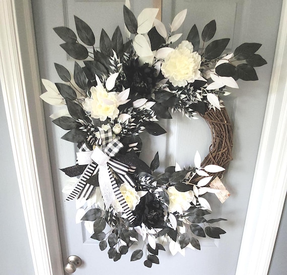 Black and White Grapevine Wreath made with high end florals.