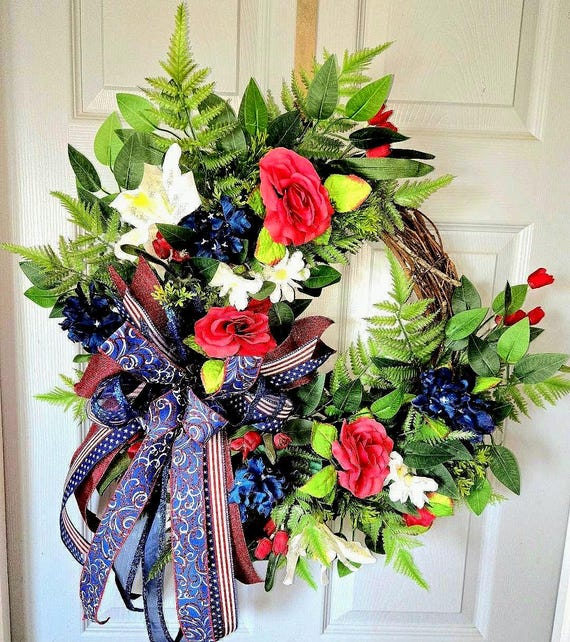 Patriotic Red White and Blue Wreath-show your support of our hardworking men and women of the USA military with this grapevine wreath.