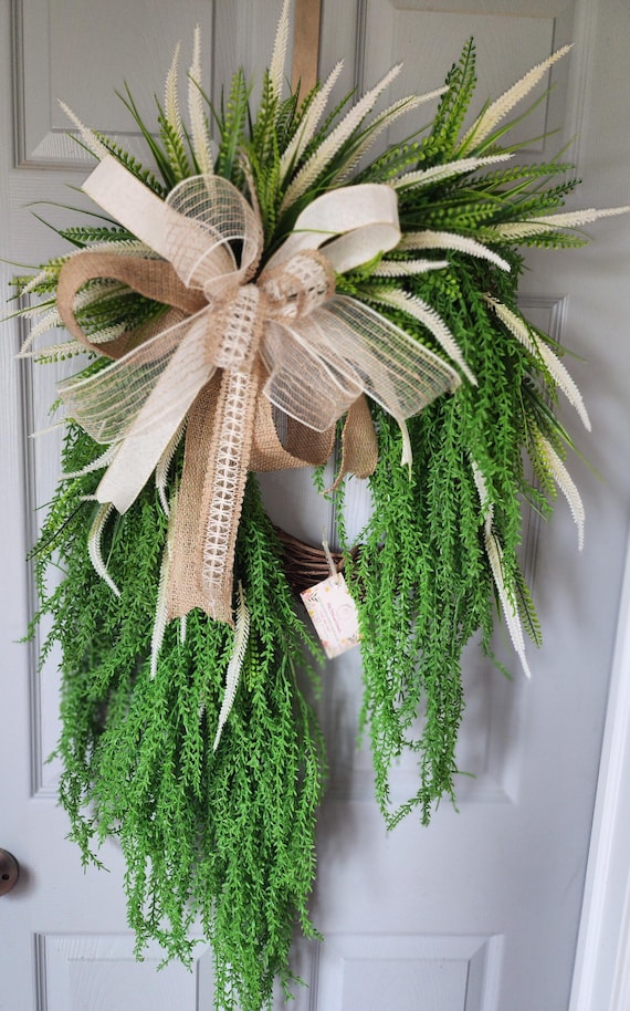 Hanging Greenery Grapevine Wreath with Cream Accents and Burlap Bow