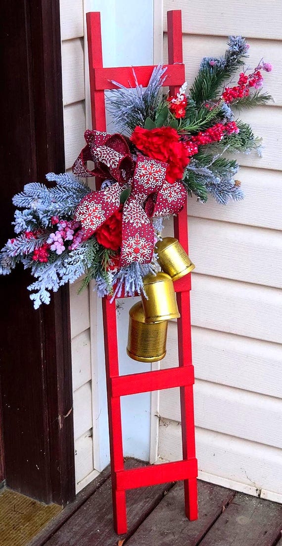 Christmas Ladder with Gold Bells, red ladder makes a great whimsical winter decor for the front door a long with flocked pine and gold bells