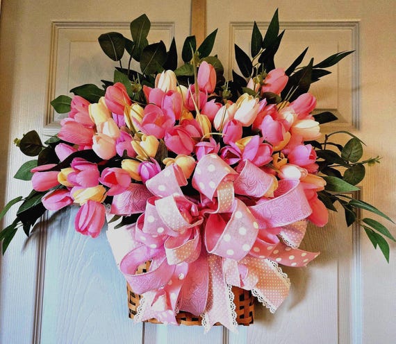 Pink Tulip Basket Door Hanger