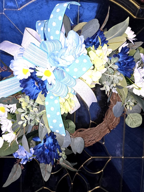 Blue Spring or Easter Wreath, classic wreath that will accent your door from early spring, through Easter right into the summer.