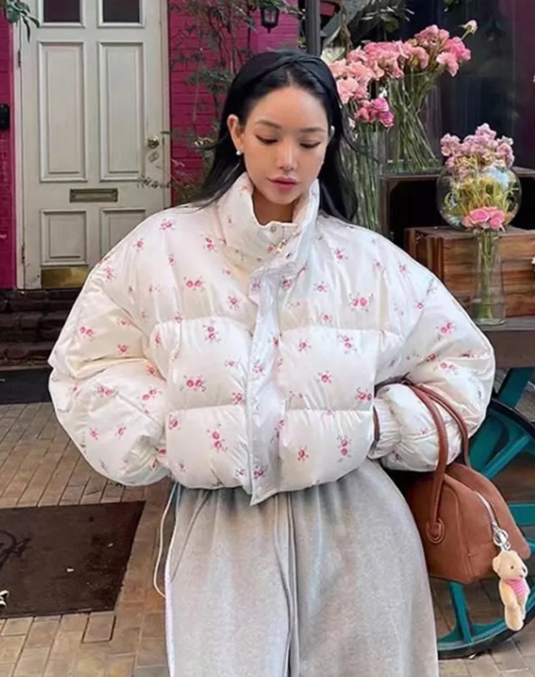 Floral Pattern White Puffer Jacket Women Trendy Waistlength Crop