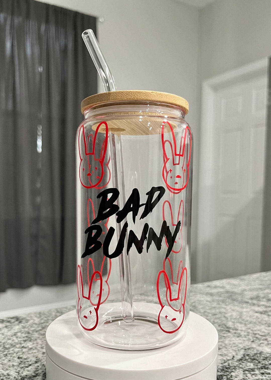 Bad Bunny Glass Cup/ Straw With Bamboo Lid - Etsy