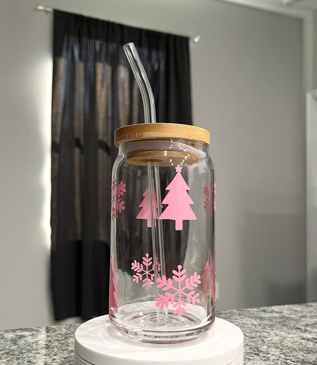 Pink Christmas Glass Cup W/ Bamboo Lid and Glass Straw Etsy