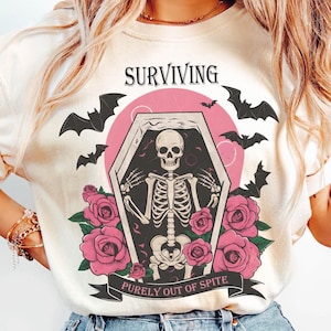 Surviving Purely out of Spite Shirt, Bat Lover Gothic Boho Garment Dyed Shirt, Comfort Colors®, Funny Goth Celestial Skeleton and Bats Shirt