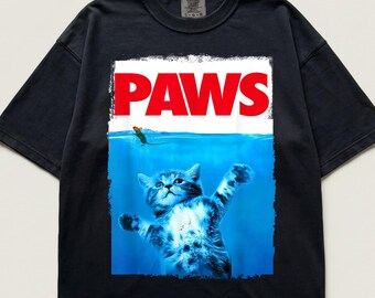 Paws Kitten Jaws Cute Cat Fun T-Shirt, Vintage Music Best Movie, Funny Paws Cat and Mouse Shirt, Cat Lover Gift, Mens Womens Ladies T-shirts