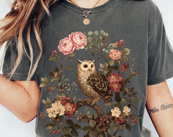Dark Cottagecore Owl Comfort Colors® Adult Unisex Garment Dyed Tee & Long Sleeve Tee, Forestcore Owl Top, Gift for Her, Vintage Gothic Shirt