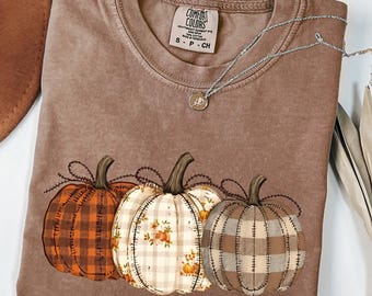 Comfort Colors® Pumpkin Shirt, Boho Fall Pumpkin T-Shirt, Patchwork Pumpkin Tee, Cute Autumn Shirt, Pumpkin Patch Shirt, Fall Harvest Shirts