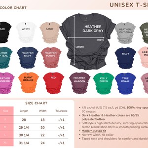 The image is a color chart and size chart for a unisex t-shirt. It displays various color options and corresponding measurements for different shirt styles, such as black, white, sand, navy, peach, red, orange, brown, green, and true royal. The chart provides a visual representation of the shirt's color and size relationships, allowing customers to easily choose the most suitable option based on their preferences and measurements.