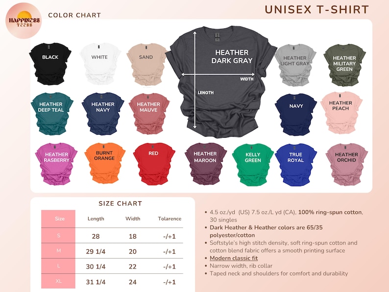 The image is a color chart and size chart for a unisex t-shirt. It displays various color options and corresponding measurements for different shirt styles, such as black, white, sand, navy, peach, red, orange, brown, green, and true royal. The chart provides a visual representation of the shirt's color and size relationships, allowing customers to easily choose the most suitable option based on their preferences and measurements.