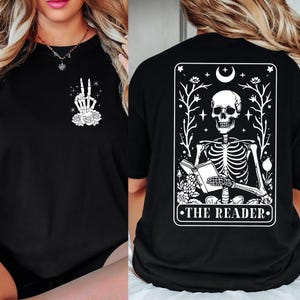 The Reader Tarot Card Front And Back Printing Shirt, Skeleton Reading T-shirts, Book Lover Tee, Tarot Card Shirts, Book Lover Gift For Women