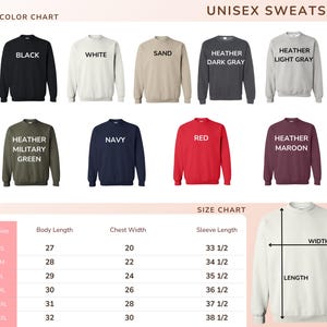 The image is a color chart and size chart for a unisex sweatshirt. It displays various color options and corresponding sizes, allowing customers to choose the color and size that best fits their preferences.