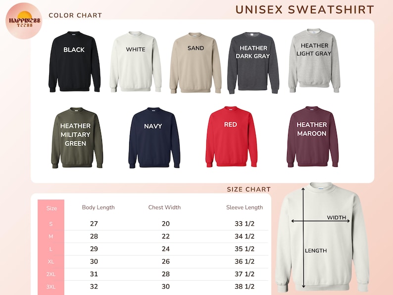 The image is a color chart and size chart for a unisex sweatshirt. It displays various color options and corresponding sizes, allowing customers to choose the color and size that best fits their preferences.