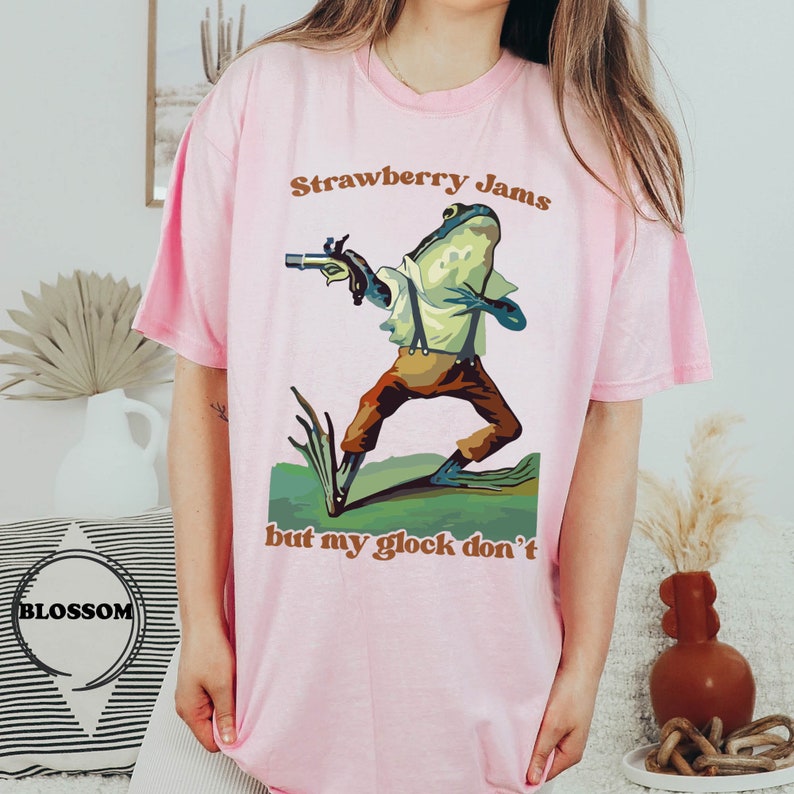 Comfort Colors® Strawberry Jams But My Glock Don't T-Shirt, Cute Frog Shirt, Parody Tee, Strawberry Jams Tee, Funny Glock Funny Frog T-Shirt image 2