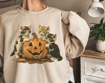 Vintage 90s Cat Halloween Sweatshirt, Retro Halloween Shirt, Spooky Season Tee, Pumpkin Shirt, Cat Lover Shirt, Spooky Season, Black Cat Tee