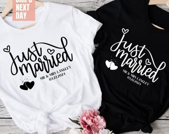 Just Married T-Shirt, Personalized Husband and Wife Couples Honeymoon T-Shirt, Finally Matching Wedding Shirts, Mr and Mrs Any Name Any Date