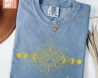 Celestial Comfort Colors® Shirt, Moon Phase T-shirt, Boho Mystical Moon And Sun Tee, Boho Moon Outfit, Spiritual Moon Women Clothing T-shirt