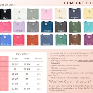 The image is a color chart that displays various comfort colors, along with a size chart for different shirt sizes.