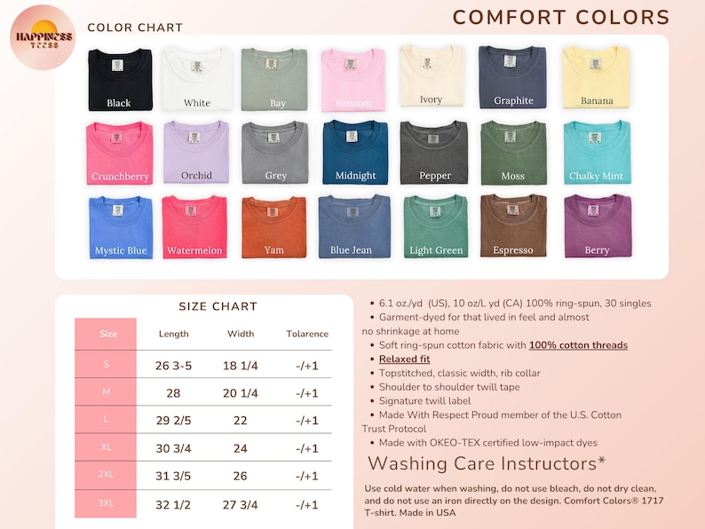 The image is a color chart that displays various comfort colors, along with a size chart for different shirt sizes.