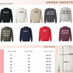 The image is a color chart and size chart for a unisex sweatshirt. It displays various color options and corresponding sizes, allowing customers to choose the color and size that best fits their preferences.