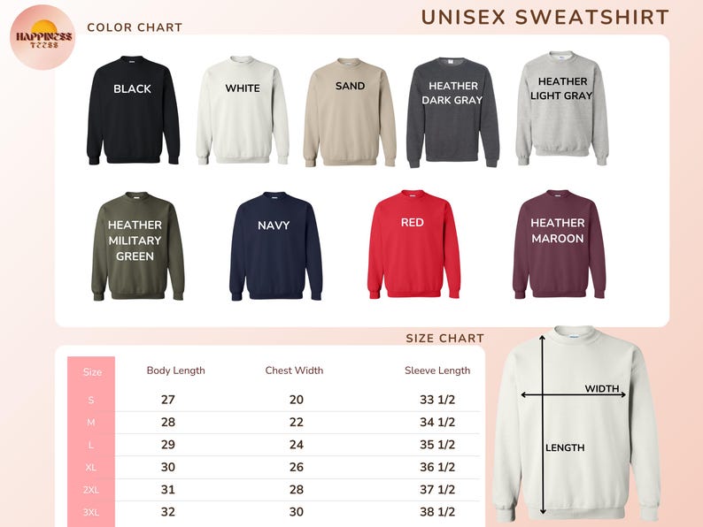 The image is a color chart and size chart for a unisex sweatshirt. It displays various color options and corresponding sizes, allowing customers to choose the color and size that best fits their preferences.