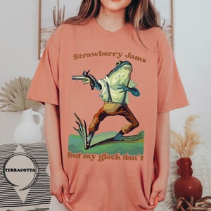 Comfort Colors® Strawberry Jams But My Glock Don't T-Shirt, Cute Frog Shirt, Parody Tee, Strawberry Jams Tee, Funny Glock Funny Frog T-Shirt image 3