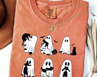 Ghost Cat Shirt, Comfort Colors® Cat Ghost T-Shirt, Cute Cat Lovers Shirt, Retro Ghost Halloween, Spooky Season Gift, Halloween Cat T-shirts