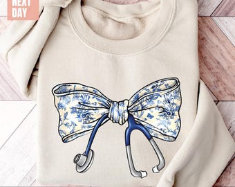 Nurse Toile Bow Sweatshirt, Stethoscope Bow Shirt, Nurse Coquette Shirt, Gift for Nurse, Nurse Appreciation, Healthcare Professionals Shirts
