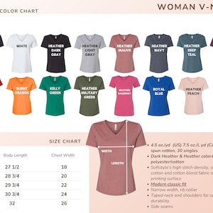 May include: Woman's V-neck t-shirt color chart with various colors, including black, white, red, and heather mauve. Size chart shows body length and chest width in inches. Fabric details include ring-spun cotton and polyester/cotton blend.