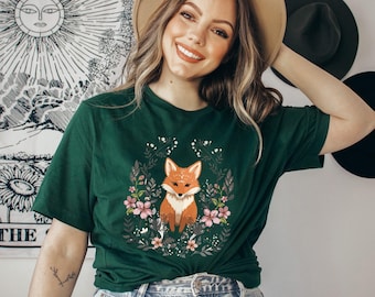 Cozy Cute Fox Cottagecore T-Shirt, Forestcore Pullover, Woodland Wildlife Animal, Boho Crew Neck,  Vintage Forest Witch Aesthetic T-Shirt