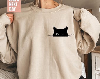 Cat Sweatshirt, Cute Cat Sweatshirt, Black Cat Shirt, Cat Peeking Sweatshirt, Womens Funny Sweatshirt, Gift for Cats Lover, Cat Mom Sweater