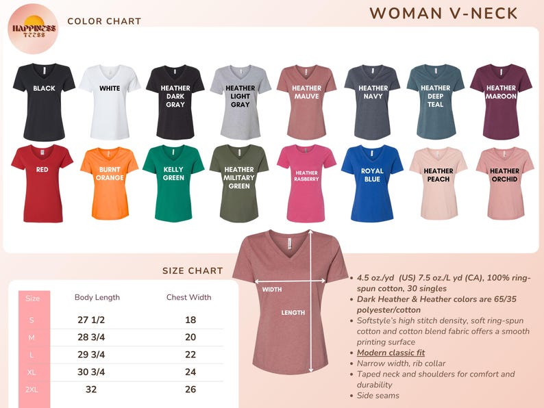 The image is a color chart and size chart for a woman's v-neck t-shirt. It displays various color options and corresponding measurements, such as chest width, body length, and waist size.