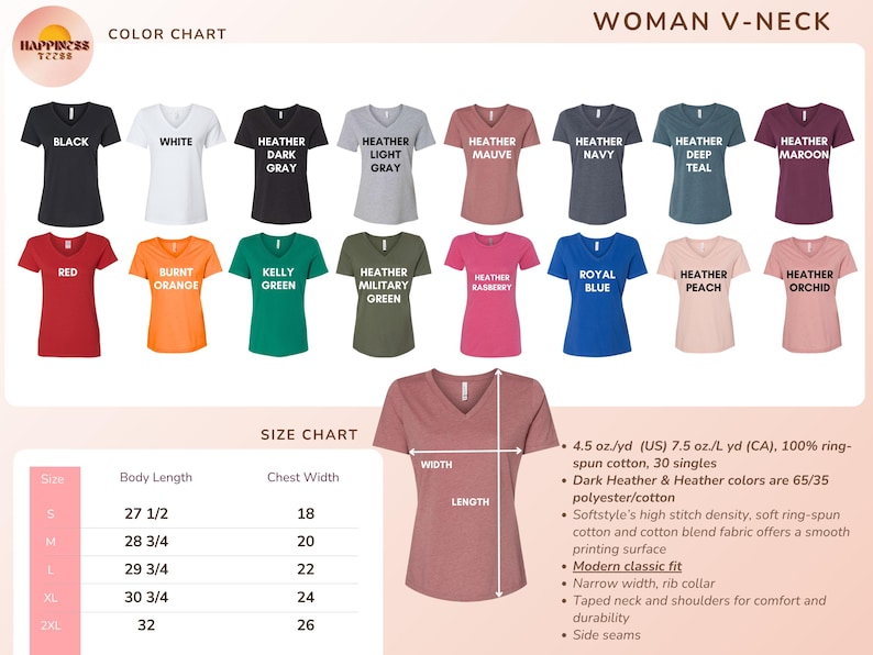 The image is a color chart and size chart for a woman's v-neck t-shirt. It displays various color options and corresponding measurements, such as chest width, body length, and waist size.