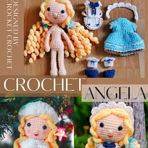 May include: A crocheted doll with blonde hair and a blue dress. The doll is wearing a white apron and a blue headband. The doll is holding a small yellow duck. The doll is sitting on a green surface with a yellow flower.