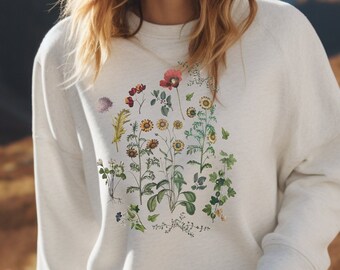 Wildflowers sweatshirt, Botanic Gift, Pretty Sweatshirt no words, vintage flower print, Nature Gift, Antique look Gift, Gardener Gift