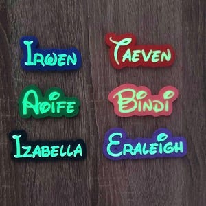Peut inclure: Six étiquettes nominatives avec un effet phosphorescent. Les noms sont Irwen, Aoife, Izabella, Taeven, Bindi et Eraleigh. Chaque nom est d'une couleur différente, dont le bleu, le vert, le rouge, le rose, le violet et le noir.