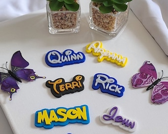 May include: A collection of colorful name charms in various fonts and styles, including "Quinn," "Ariana," "Terri," "Rick," "Mason," "John," and "Joshua." Two small square glass planters with green succulents are in the background, along with two purple butterflies.