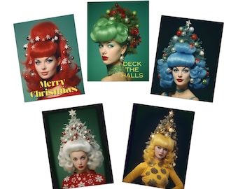 Christmas Cards,Retro, Vintage, Christmas tree hair, Camp, pin ups Greeting Cards (5-Pack)