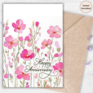 Biglietto d'auguri stampabile per anniversario di fiori selvatici - Delicato biglietto d'amore ad acquerello per moglie, regalo digitale minimalista romantico per fidanzata o partner