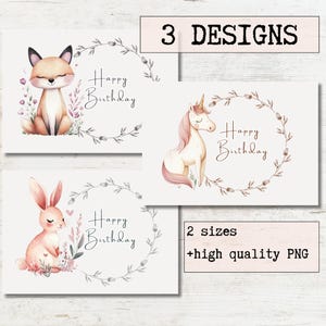 Cartão de aniversário Animais Mágicos Cartões de felicitações para impressão Pacote com 3 designs | Download digital | Ecard Birthday Cute Designs for Kids