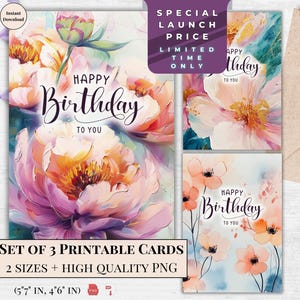 Cartões de aniversário em aquarela - Presente floral elegante - Saudações digitais para impressão | Arte Pastel Meadow e impressão de peônias para ela | Feliz aniversário