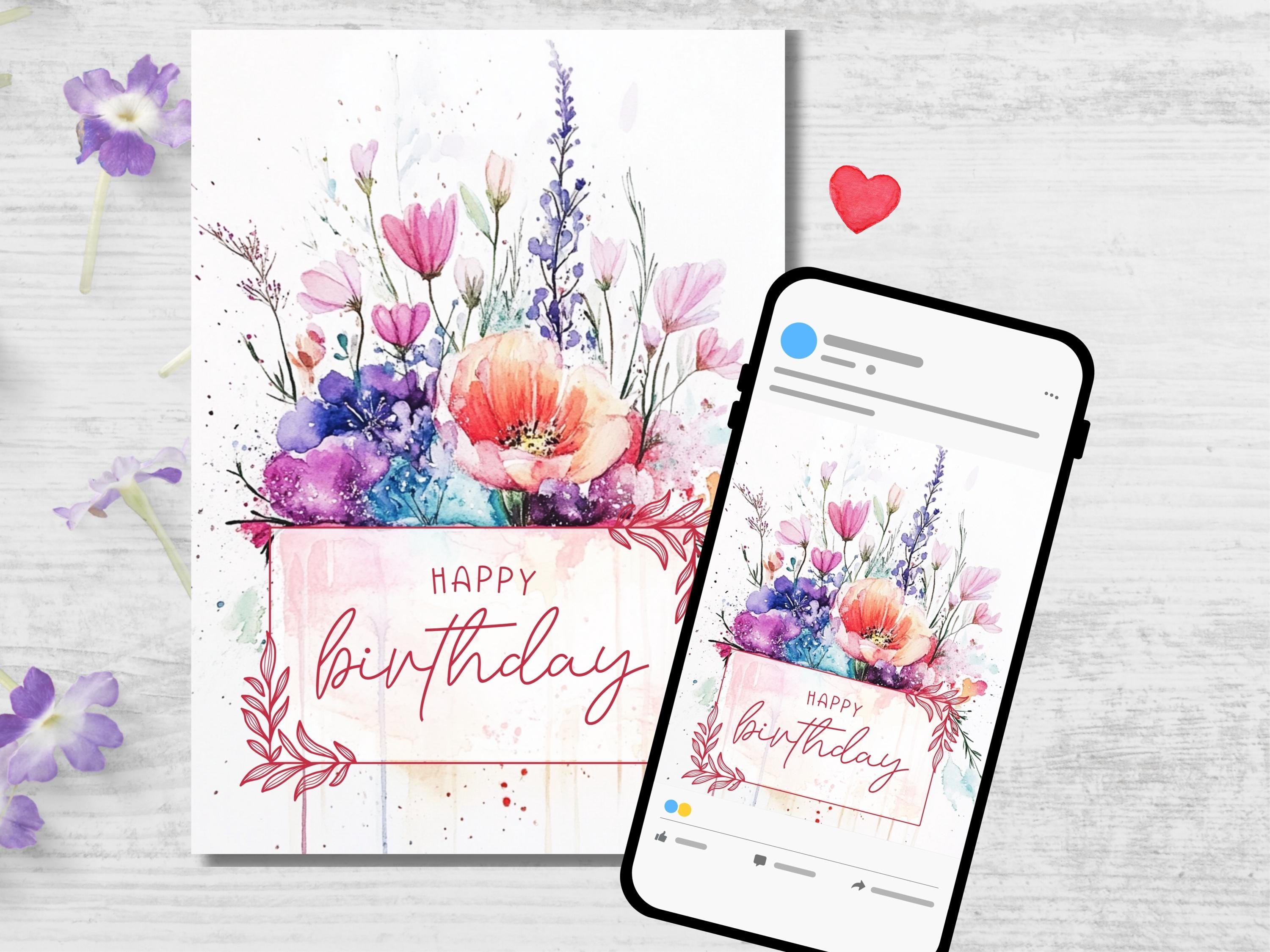 Watercolor Flowers Birthday Card: Printable Greeting (digital Download ...