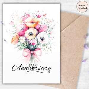 Ramo de lazo rosa para aniversario imprimible: tarjeta floral de acuarela suave para ella o esposa, elegante nota de amor para regalar / Impresión sorpresa encantadora en casa