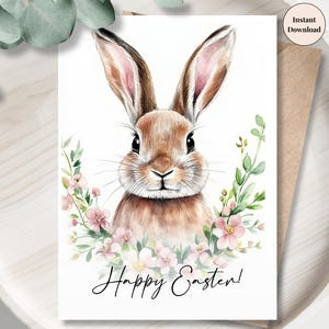 Realistic Easter Bunny Printable Card - Watercolor Rabbit Art, Spring Holiday Greeting, Happy Easter Digital Card, Best wish for her for him
