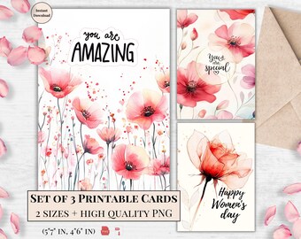 Utskrivbara gratulationskort för kvinnodagen – delikat blommig vallmodesign, omtänksam digital present, elegant brevpapper | Fantastisk konst för hennes fru