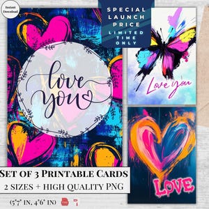 Afdrukbare neonkaarten voor Valentijn Bundel van 3 ontwerpen | Heldere, gedurfde liefde | Digitale download | E-card hart elegant modern ontwerp