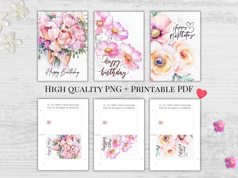 Floral Birthday Card Set: Watercolor Peony Bouquet (digital Download ...